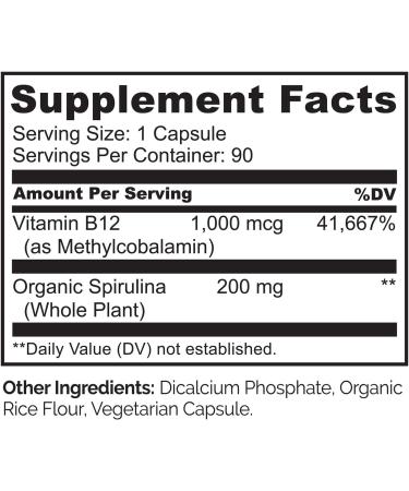 NATURELO Vegan B12 1000 mcg Methylcobalamin with Organic Spirulina - 90 Capsules - Supports Mood, Energy, Heart & Eye Health - Buy Online on GoSupps.com