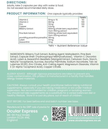 Ocular Express Macusure Vision Support Supplement 60 Capsules Lutein and Zeaxanthin with Bilberry and Pine Bark 1 Month Supply - Buy Online on GoSupps.com