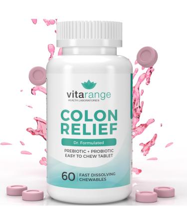 Colon Relief by VitaRange- Fast Constipation and Bloating Relief with Sunfiber Prebiotic Fiber and Pre + Probiotics for Digestive Health - 60 Chewable Strawberry Tablets Doctor Formulated Probiotics