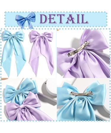 2 Pcs Big Hair bow Hair Bows for Women Bow Hair Clip Elegant Solid Color French Barrette Bows For Hair With Long Silky Satin Hair Barrettes Accessories Bow Hair Clips for Women Girls (Blue+Lilac) - Buy Online on GoSupps.com