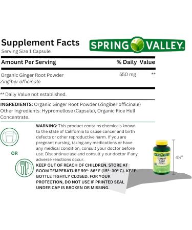 Spring Valley Ginger Root 550 mg Dietary Supplement Ginger Root Capsules t 100 Count + Sticker - Buy Online on GoSupps.com