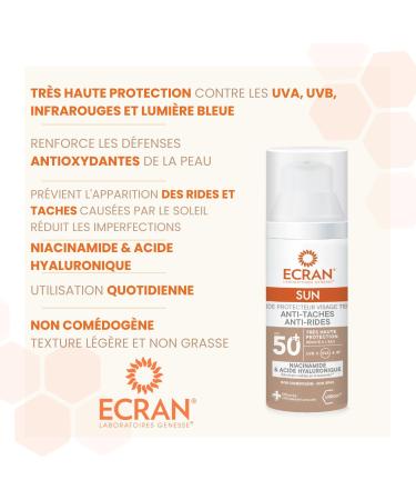 ECRAN - Cr me Solaire Visage - Haute Protection - Technologie vitEox80 - Vitamine E Niacinamide - Protection UVA UVB Coups de Soleil - Protection Solaire SPF50 - Bronzage Naturel - Anti Taches - Buy Online on GoSupps.com