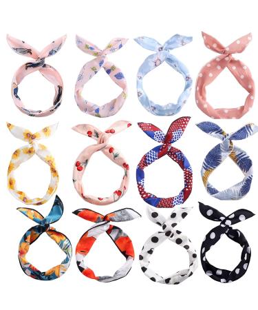 Acited 12 pieces of bendable frontal ligaments vintage twist wired frontal ligaments twist knot hair band with wire ladies arches ice wire rabbit ears yoga headscarf sports turban for girls (style 2)