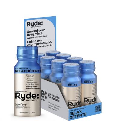 Ryde Relax Shot | Raspberry Flavor | 8 pack of 60 ml Wellbeing shots | Calming Ginseng & Chamomile | Zero Calories Zero Sugar and Vegan Relax Shot (Raspberry Flavor)