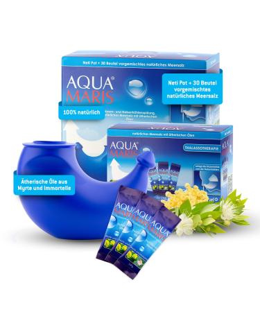 Aqua Maris Thalassotherapy Nasal rinsing and sinus flushing - natural sea salt with more than 80 natural minerals enriched with essential oils Neti Pot + 30 bag sea salt