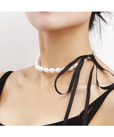 Vsilay Punk Black Velvet Ribbon Choker Necklace with Simulated Pearl Charm - Gothic Jewelry Gift for Festivals - Buy Online on GoSupps.com