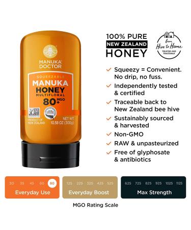 Manuka Doctor MGO 80+ Squeezy 100% Pure New Zealand Honey - Certified RAW, Non-GMO (10.58 oz) - Buy Online on GoSupps.com