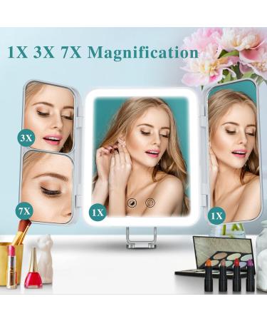 Nuoya LED Lighted Rechargeable Makeup Mirror | 1X/3X/7X Magnification Trifold Vanity Mirror with 64 LED Beads | Touch Screen Dimming & Adjustable Stand | Perfect for Countertop, Travel, Bathroom - Buy Online on GoSupps.com