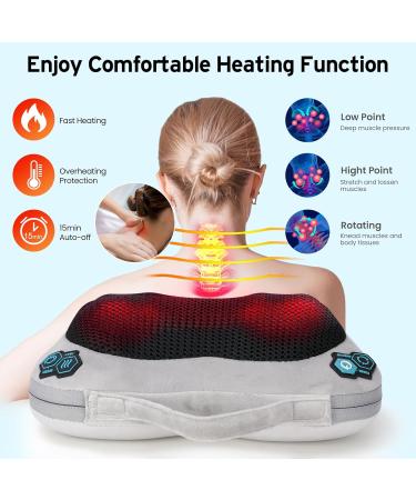 Shiatsu Massage Pillow with Heat | Deep-Kneading Neck Shoulder & Back Relief | 3 Speed Electrical Device - Light Gray - Buy Online on GoSupps.com
