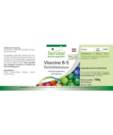 Fairvital | Vitamin B5 pantothenic acid 200mg - 8 months cure - VEGAN - High dosed - 250 tablets - Buy Online on GoSupps.com