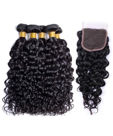 Water Wave Bundles With Closure Human Hair Brazilian Human Hair 3 Bundles with 4x4 Lace Closure Free Part 10A 100% Unprocessed Virgin Water Weave Hair Extensions Natural Color for Black Women (10 12 14+10 closure) 10 12 ...