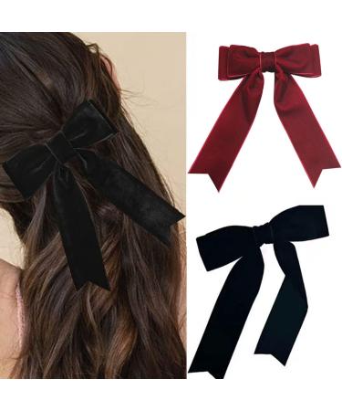 Velvet Bow Hair Clip - Large Bows Hair Barrettes Clip Satin Ribbon Bow Hairpins Fastener French Hair Bows with Long Ribbon Vintage Party Hair Accessories Gifts (black and red)