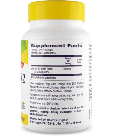 Healthy Origins Vitamin K2 MK-7 Supplement 100 mcg - 60 Count for Bone & Heart Health - Buy Online on GoSupps.com