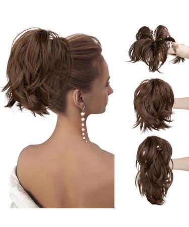CJL HAIR Claw Clip Short Ponytail Hair Extensions Bendable Metals Messy Bun Hair piece Straight Fake Hairpieces Medium Brown 8 inch