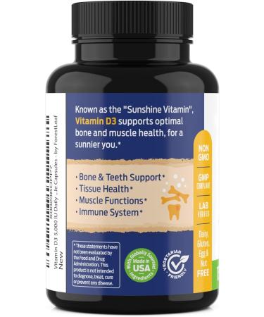 ForestLeaf Vitamin D3 5000 IU Supplement - 180 Vegetable Capsules for Bone, Teeth, and Immune Support - Buy Online on GoSupps.com