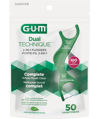 Gum Dual Technique Flosser Picks Complete Whole Mouth Clean Front and Back Reach with Twisted Plaque-Grabbing Floss Fresh Mint Flavour Forest Green 4 Bags X 50ct (200 Flossers) Dual Technique 50 Count (Pack of 4) - Buy Online on GoSupps.com