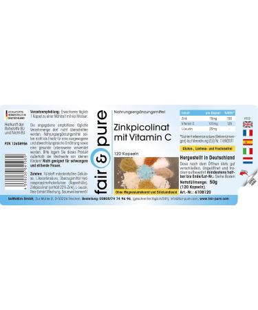 Fair & Pure - Zinc Picolinate + Vitamin C - 15mg Zinc & 100mg Vitamin C per daily dose - vegan - 120 capsules - Buy Online on GoSupps.com
