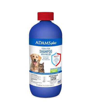 Adams Plus Flea & Tick Shampoo with Precor for Cats, Kittens, Dogs & Puppies Over 12 Weeks Of Age | Sensitive Skin Flea Treatment | Kills Adult Fleas, Flea Eggs, Ticks, and Lice | 24 Oz, Pump Included
