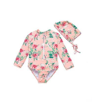 BONVERANO Baby Girls Swimsuit Toddler Bathing Suit Long-Sleeve Zipper One Piece Swimwear with UPF 50+ Sun Protection 2-3 Years Peony