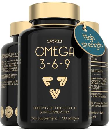 Omega 3 6 9 Capsules - High Strength 3000mg Triple Potency - Premium Fish Oil Flaxseed & Sunflower Oil - 90 Easy to Swallow Softgel Tablets - EPA DHA ALA Omega 369 Fatty Acids Nutritional Supplements 1