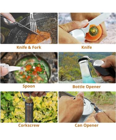 HONZIN Camping Utensil Set - 5-in-1 Multi Functional Stainless Steel Folding Flatware with Carrying Bag - Portable Knife, Spoon, Fork, Bottle Opener, Can Opener Combo Set (1 Pack) - Buy Online on GoSupps.com