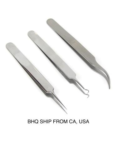 Professional Straight Splinter & Curved Tip Stainless Steel Tweezers Set of 3 for Ingrown Hair Eyebrow Shaping Eyelashes Extensions Fixing Removing Small Particles