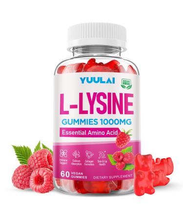 YUULAI L-Lysine 1000mg Gummies for Adults & Kids Essential Amino Acid Supplement for Lips & Oral Health Boost Immune & Collagen & Calcium Sugar-Free Raspberry Flavor 60 Count