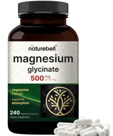 NatureBell Magnesium Glycinate 500mg 240 Veggie Capsules | 100% Chelated & Purified | Sleep Muscle & Nerve Support | Non-GMO Gluten-Free