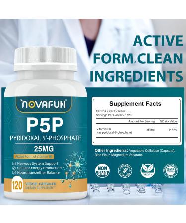 Novafun P5P 25mg - Active Vitamin B6 High Potency Pyridoxal-5-Phosphate Coenzyme Supplement Supports Nervous System Neurotransmitter Balance & Cellular Energy 120 Veggie Capsules - Buy Online on GoSupps.com