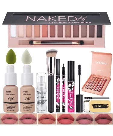 All In One Makeup Kit,12 Colors Eyeshadow Palette,2 Nude Foundation, 6 Colors Lipstick Set, Makeup Face Primer, Eyebrow Soap,Waterproof Eyeliner and Mascara, Makeup Brush Set Multi-purpose make up kit (102 Nude + 104 Buff Beige+ Matte Shadow)