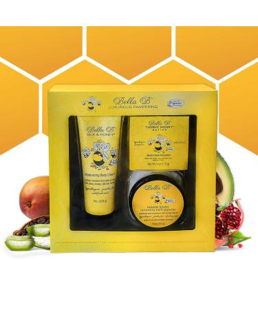 BELLA B 3-Piece Gift Set - Pregnancy Gifts For First Time Moms - Pregnant Mom Gifts - Mom To Be Gifts - Pregnancy Gift Basket - Sitz Bath Soak - Honey Tummy Butter - Silk And Honey Moisturizing Cream