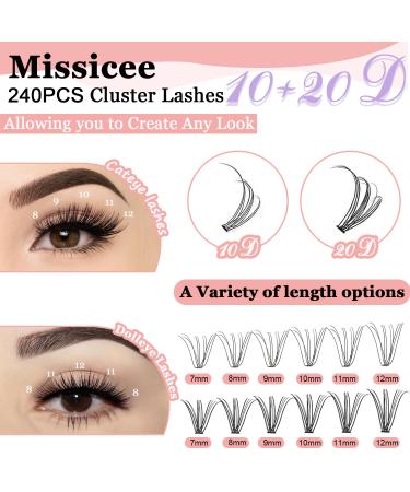 DIY Lash Extension Set - Missicee 240 Pieces 10D/20D Cluster Lashes (8-12mm) with Tweezers & Spiral Brush | High-Quality False Eyelashes for Easy Application - Buy Online on GoSupps.com