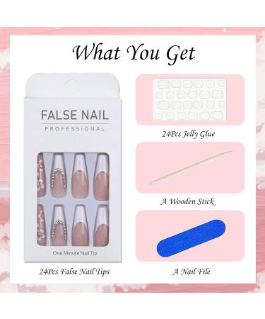 French Long Pink Coffin Fake Nails with Flower and Rhinestones - 24pcs | Press on Nail with Jelly Stickers | Ballerina Nail Tips for Women Girls - Trendy Nail Decor - Buy Online on GoSupps.com