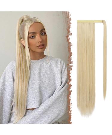 FESHFEN Straight Ponytail Extensions Long Wrap Around Ponytail Synthetic Clip in Pony Tail Hair Extensions Honey Blonde Mixed Platinum Blonde Hairpiece for Women 28 inch 28 inch (Pack of 1) Honey Blonde Mixed Platinum Blonde