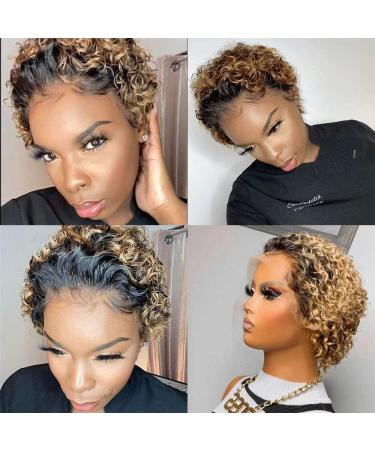 Blonde Pixie Cut Lace Front Wig | Short Curly Human Hair | Pre-Plucked T30 Ombre Brown Highlights - Buy Online on GoSupps.com