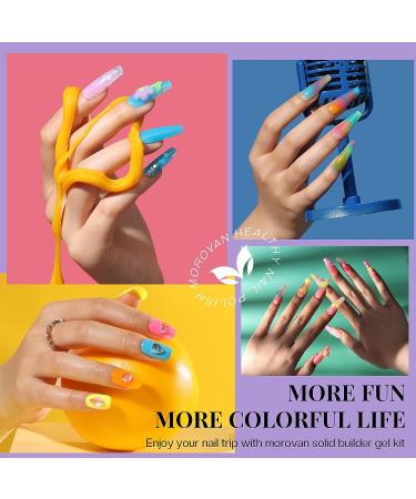 Morovan Solid Builder Gel Kit - 6 Colors Non-Sticky Gel for Nail Extension & 3D Structures | Nail Gel Set with Base & Top Coat, Glitter Powder & Rhinestones - Buy Online on GoSupps.com