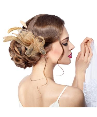 Lurrose Fascinators Hat Headband Women Tea Party Hair Clip 1920s Prom Queen Headpiece for Special Events Wedding Party (Golden) 22X18X5CM
