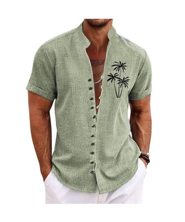 Rosennie hawaii shirt men stand -up collar palm pressure summer shirt short -sleeved button bar beach shirt loose leisure shirts oversized tshirt light vacation shirts costume shirt xxl mint green
