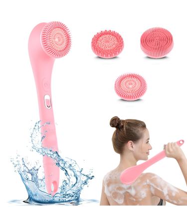 SUUWEE Silicone Body Brush Electric Body Brush Set Spin Skin Brush with 3 Brush Heads USB Rechargeable Scrubber Shower Brush with Long Handle Deep Cleaning Relaxing for Women Men(Pink)