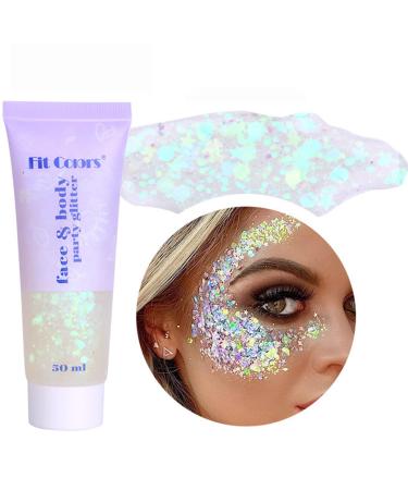 Body Face Glitter Gel 50ml Mermaid Sequins Sparkling Chunky Body Lotion Glitter Liquid Shimmer Eyeshadow Chunky Glitter for Cosmetic Face Hair Lip Nail Christmas Festival Party Makeup Decoration Colour 1