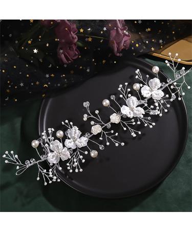 Flower Bridal Hair Accessories Bride girl Hand Knitting Wedding Hair Accessories Pearl headband for Weddings Banquets and Parties (Silver Leaf) - Buy Online on GoSupps.com