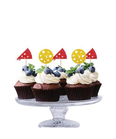 Pizza Cupcake Toppers Fast Food Themed Party Cake Decor Red&Gold Glitter Cake Decorations for Baby Shower Pizza Lover Themed Birthday Party Supplies - 24pcs
