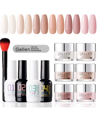 Gellen Dip Powder Nail Kit Starter, 6 Colors Nudes Skin Tone, Acrylic Dipping Powder System Liquid Set - with Base & Top Coat/Activator/Brush Saver/ 12 Pcs, for French Nail Art Manicure DIY Salon Classic Nudes
