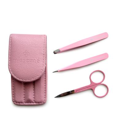 Precision Stainless Steel Eyebrow Tweezers Set In Pointed And Slanted Tip Curved Brow Scissors Comes With Pink Travel Case