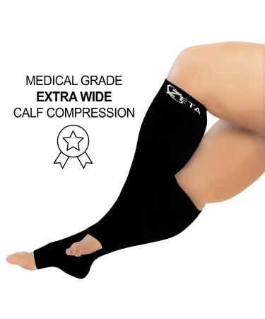 Zeta Plus Size Open Toe Leg Sleeve Support Socks - Wide Calf Compression, Cotton Rich Comfort, Graduated Compression - 3XL Black - Buy Online on GoSupps.com