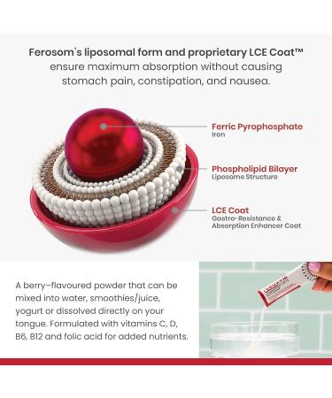 Ferosom Forte LCE Liposomal Iron Supplement Powder Gentle on the Stomach 21g Elemental Iron with Vitamin B12 B6 D C Folic Acid Berry Flavor Powder or Liquid Iron Drink 20 Vegan Iron Sachets - Buy Online on GoSupps.com