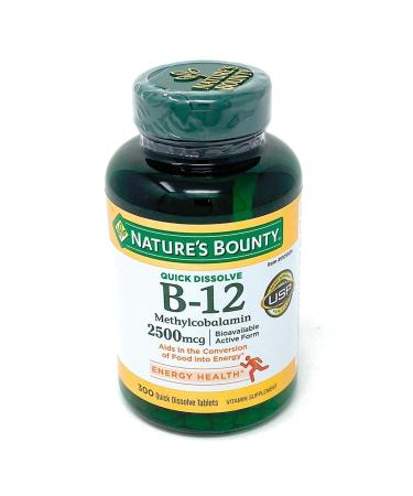 Nature's Bounty Quick Dissolve Fast Acting Vitamin B-12 2500 mcg, Natural Cherry Flavor (300 tablets) Cherry 300 Count (Pack of 1)