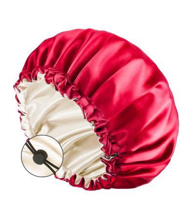 Auban Large Bonnet Sleep Cap Hair Wrap for Curl  Double Layer Satin Lined Bonnet for Sleeping Adjustable Elastic Lace Band Large Hair Silk Wrap for Women Hair Care (Red)