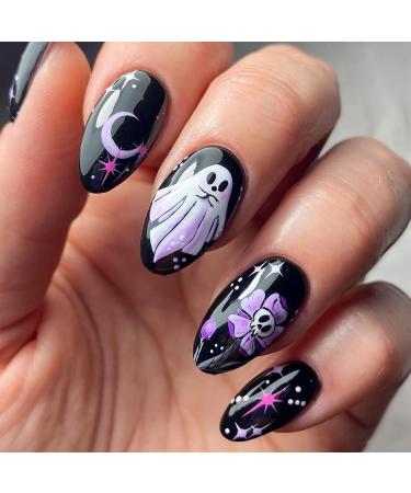 24pcs Halloween Press on Nails Short Almond Fake Nails with Design Cute Ghost Glue on Nails Black False Nails Horror Purple Skull Flower Stars Moon Artificial Nails Supplies for Women Girls Halloween Press on Nails-6