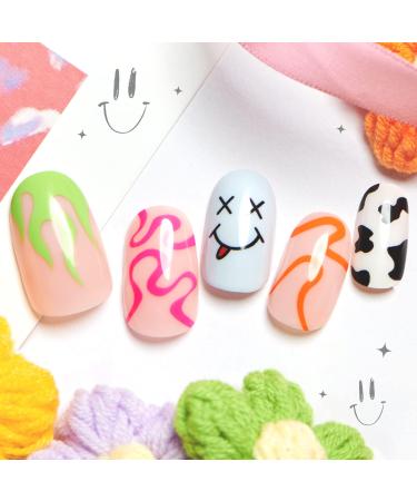 Pink Press on Nails Short Oval  Color Glue on Nails Medium Round Acrylic Fool s Day Fake Nails with Design  Spring Summer Reusable Cow Print False Nail Tips Glossy Finish 24 Pcs Manicure Art Nails Set with Glue  Cuticle ...